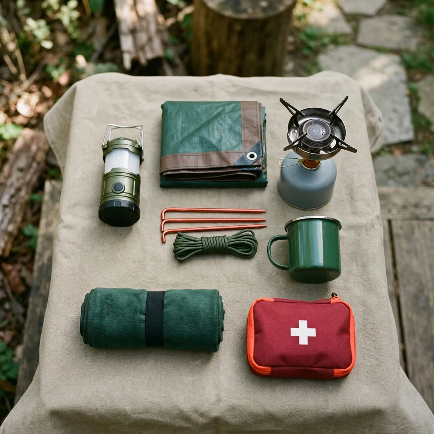 Compact camping gear arranged for a weekend setup